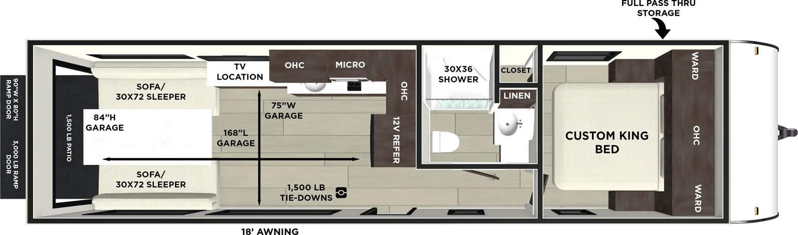 The Wildwood FSX 270RTK floorplan is a toy hauler that has one entry and zero slide outs. Exterior features include: fiberglass exterior, 18' awning and  outside entertainment. Interiors features include: front bedroom.